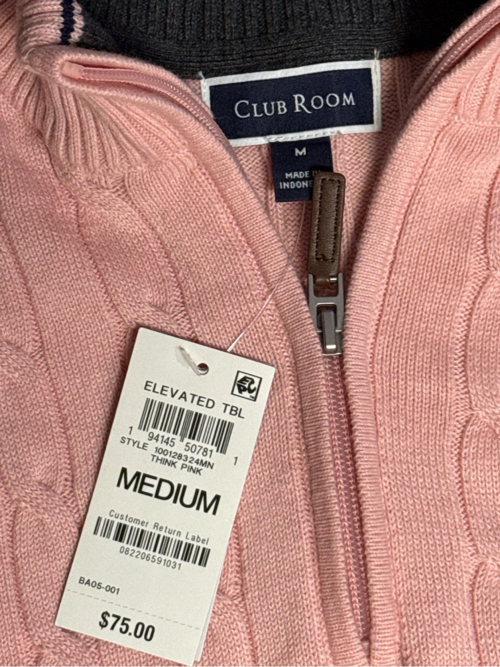 NWT Club Room Men’s Cable Knit Quarter Zip Sweater Pink Size Medium - Picture 5 of 5